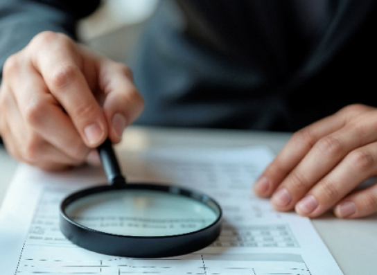 Hombre revisando con lupa un documento