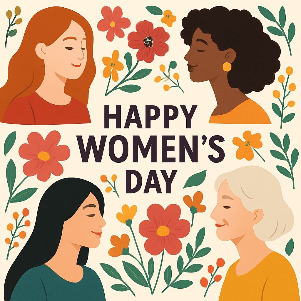 Gráfico con flores y mujeres de distintas nacionalidades y edades